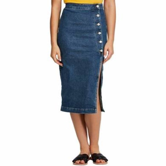 Denim Button-Front Midi Skirt - Blue - Picture 6 of 7
